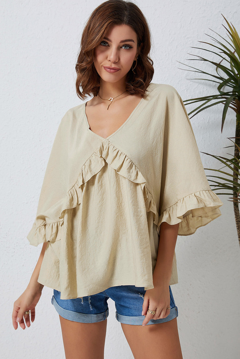 Double Take Ruffled V-Neck Half Sleeve Blouse