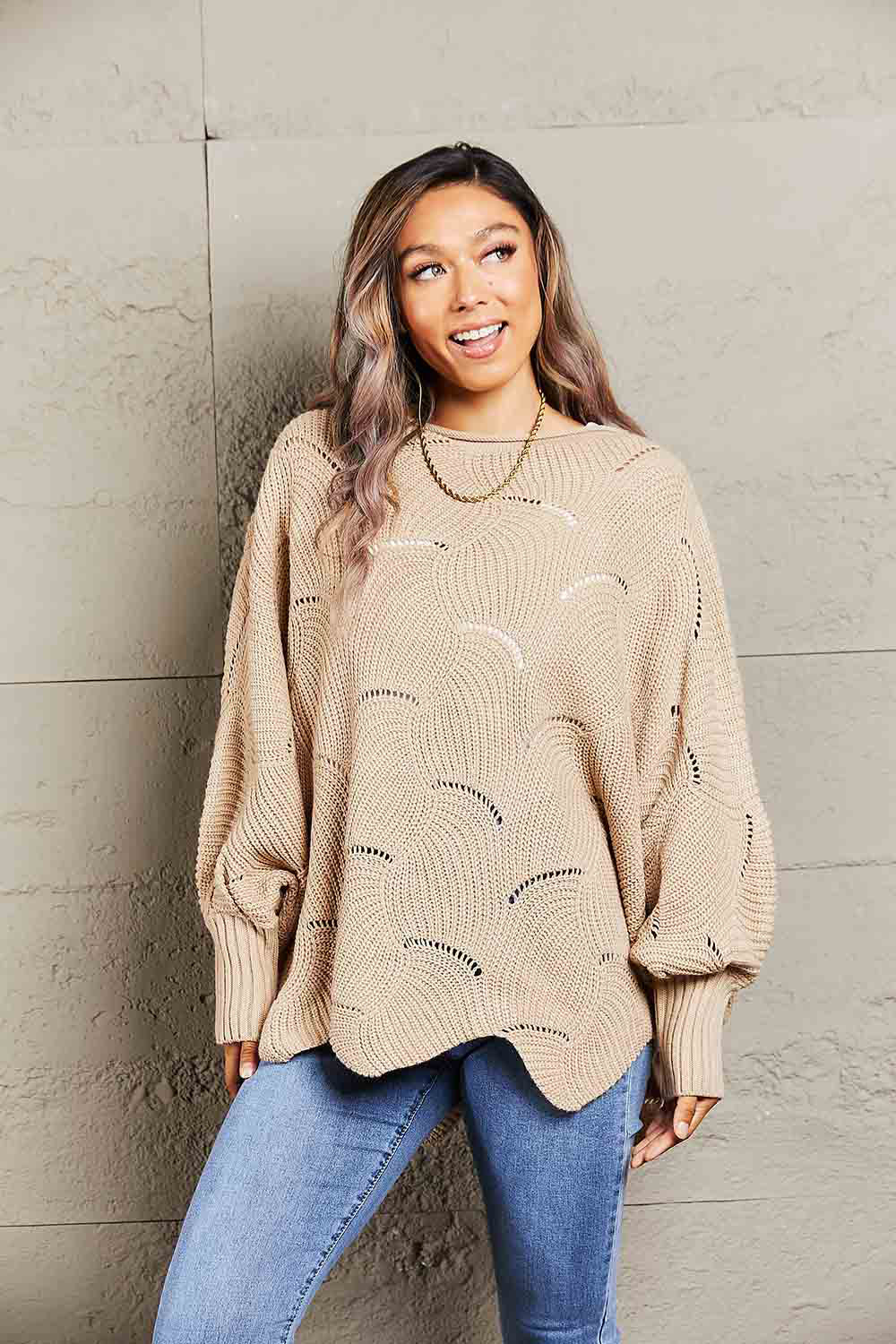 Double Take Openwork Boat Neck Sweater with Scalloped Hem