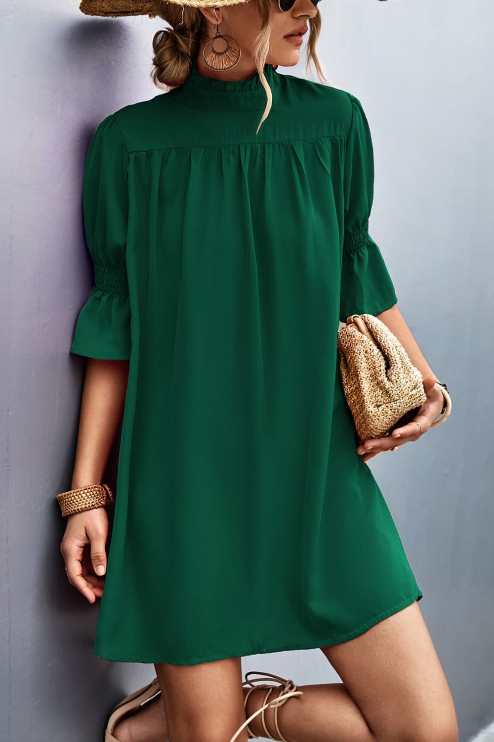 Frill Neck Flounce Sleeve Dress