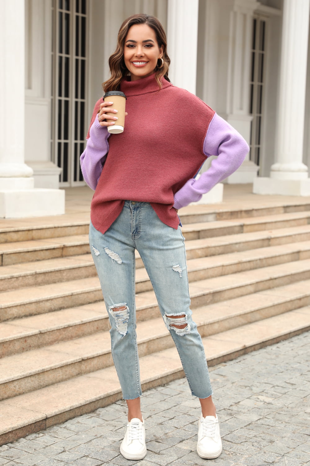 Double Take Color Block Turtleneck Slit Sweater