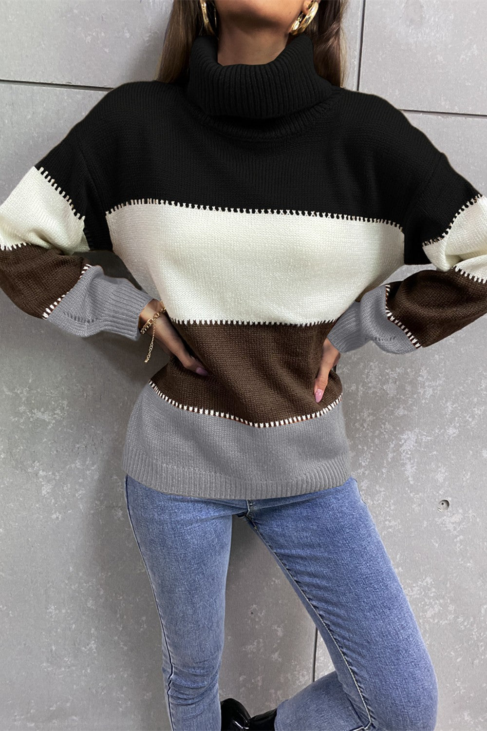 Color Block Lantern Sleeve Turtleneck Sweater