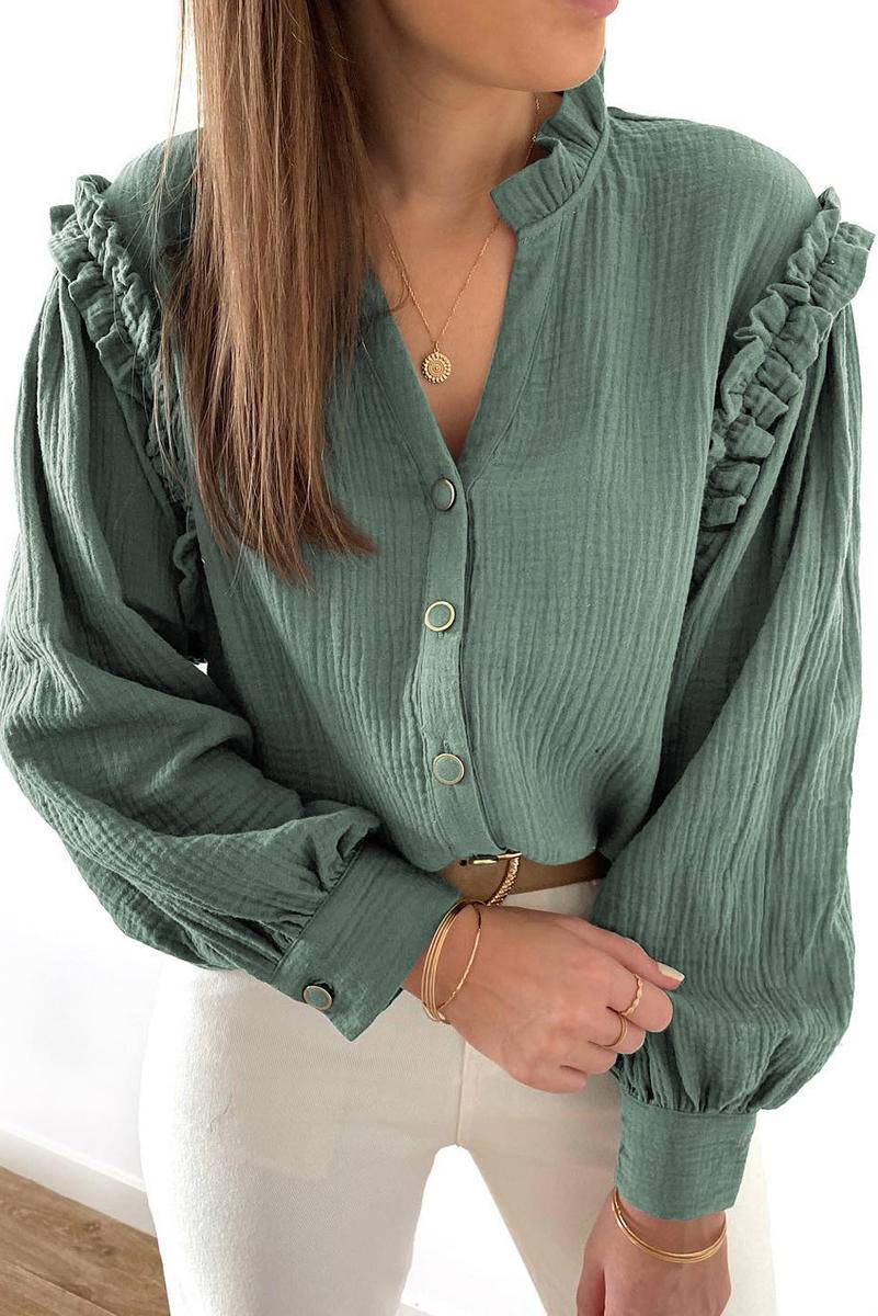 Frilled Split Neck Crinkled Shirt