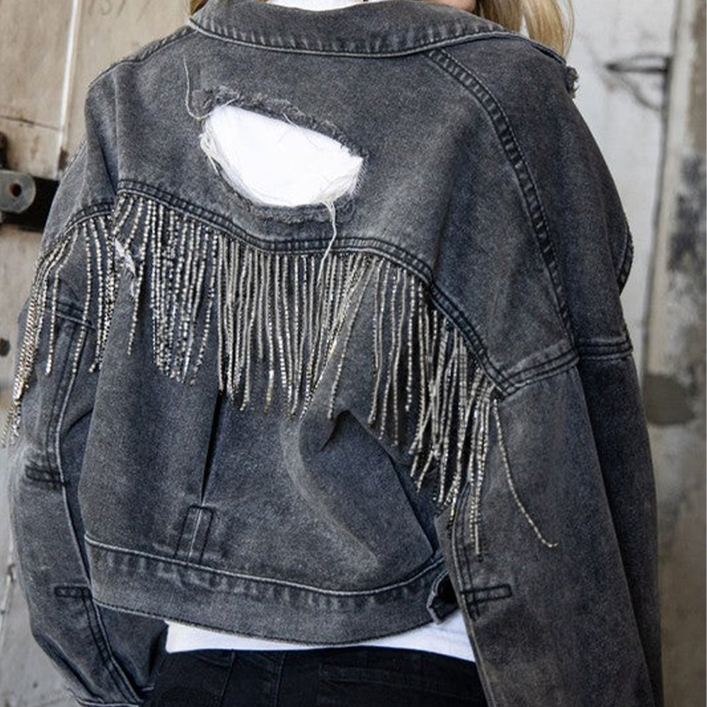 Distressed Fringe Trim Denim Jacket